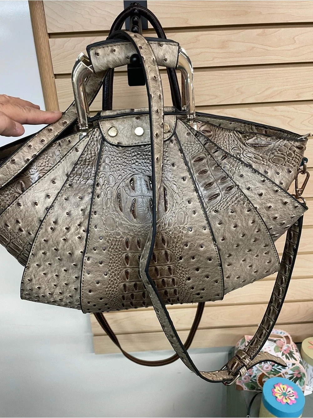 Structured Hobo Bag in Metallic Taupe Croc-Effect Leather